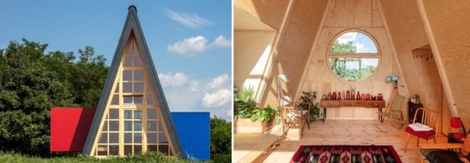 an A-frame cabin with light-filled, wood-lined interior