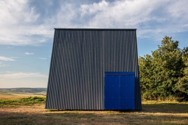 dark exterior of tiny cabin