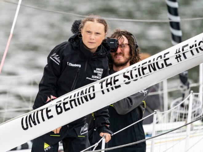 16-year-old climate activist Greta Thunberg arrives into New York City after crossing the Atlantic in zero carbon sailboat at North Cove Marina