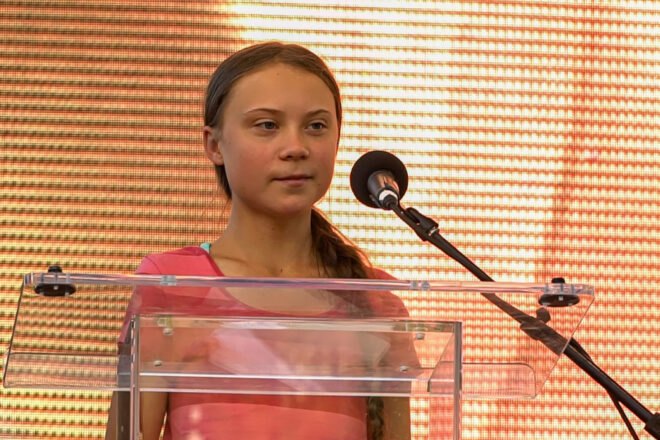 Swedish climate activist Greta Thunberg addresses the crowd of marchers participating in the Global Climate Strike
