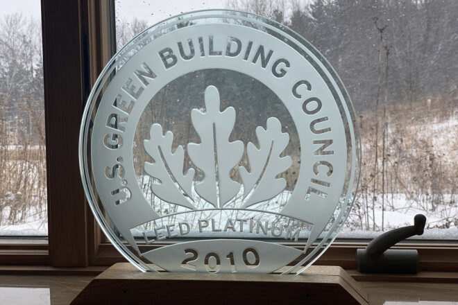 close up of a LEED Platinum award from 2010 from the U.S. Green Building Council