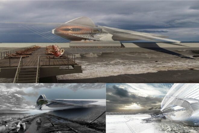 three images of large sculpture on beach landscape