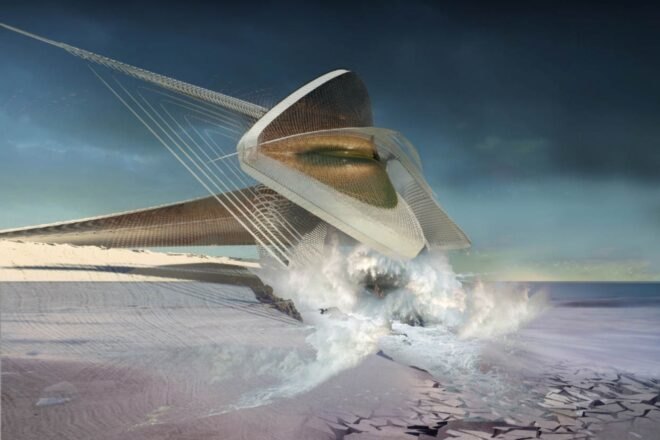 futuristic sculpture in desert landscape