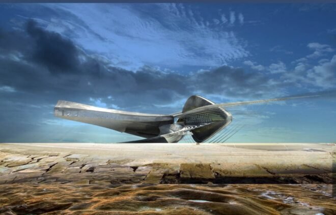 immense sculpture on desert landscape
