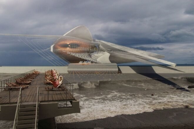 immense sculpture next to beach deck
