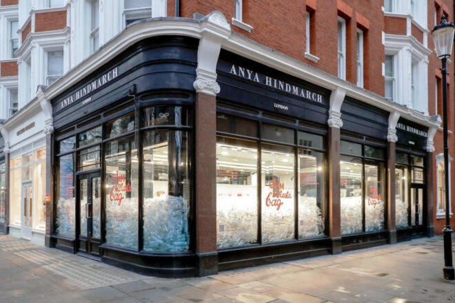 Anya Hindmarch storefront filled with empty plastic water bottles