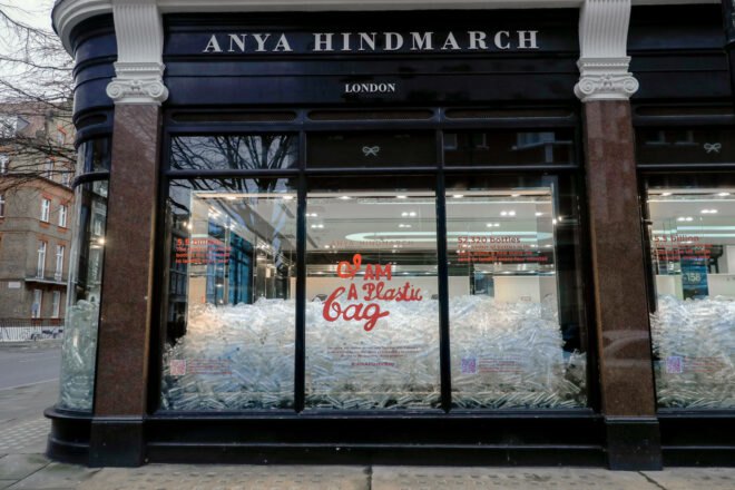 Anya Hindmarch storefront filled with empty plastic water bottles
