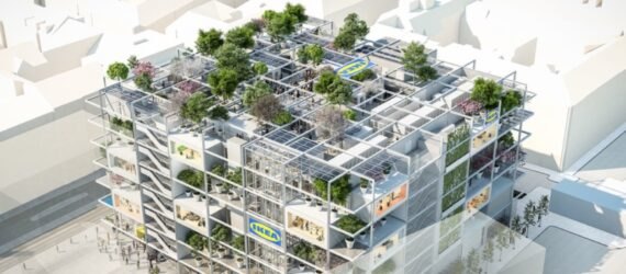 rendering of multi-story building topped with trees