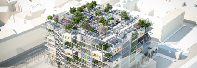 rendering of multi-story building topped with trees