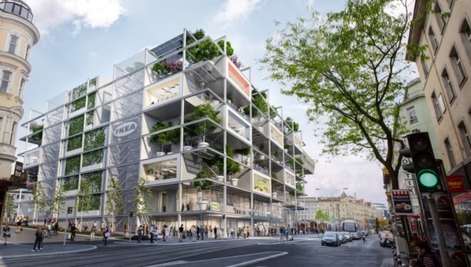 rendering of trees growing on each level of a large IKEA store building
