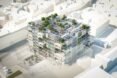 rendering of multi-story building topped with trees