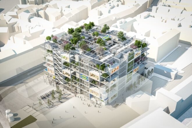 rendering of multi-story building topped with trees