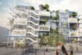 rendering of many stacked bike racks in front of a huge white IKEA store building