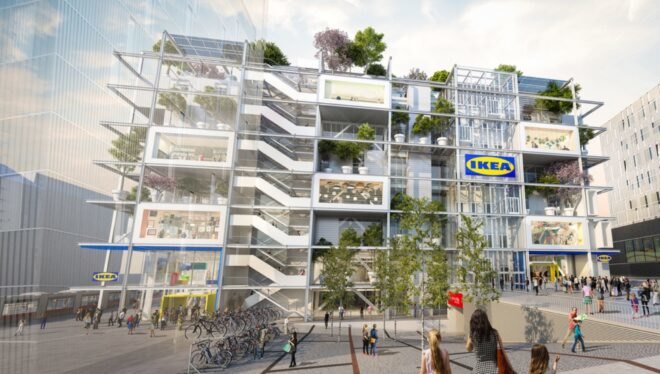 rendering of many stacked bike racks in front of a huge white IKEA store building