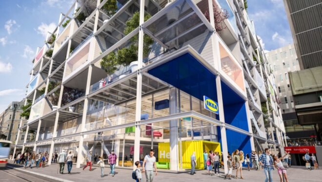 rendering of people walking outside a giant IKEA building covered in plants