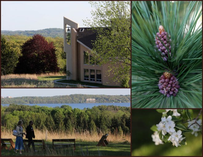 a collage of images: top right, a religious building in the center of the frame, surrounded by a green tree on the right and a red-purple tree on the left. hills are viewable in the distance. top left, closeup of a purple and green plant that grows on premises. bottom left, people walking through a prairie. bottom left, close up of a small white flower.
