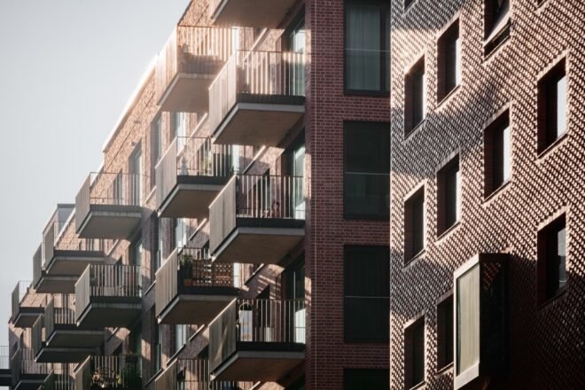 balconies on a brick building