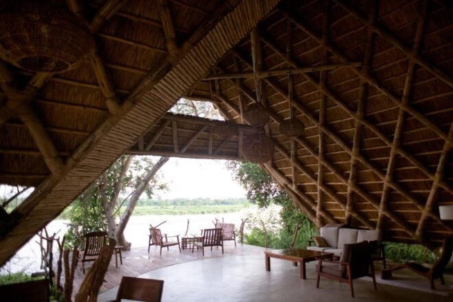 lounge area inside pitched roof structure