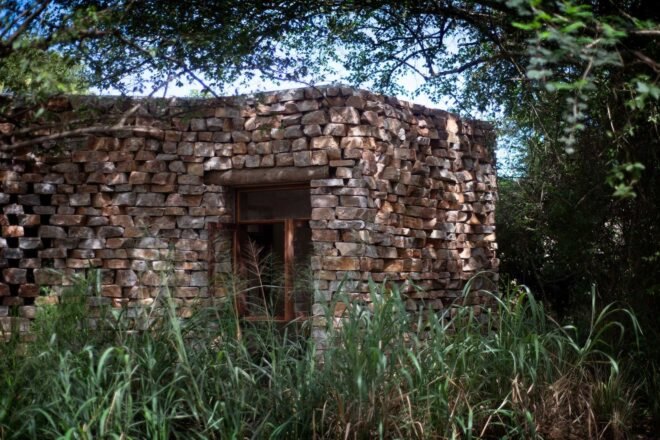 square brick-clad structure