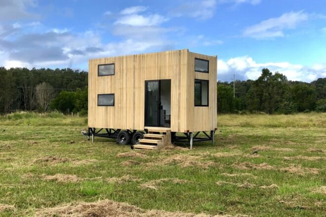 tiny home with blond wood exterior