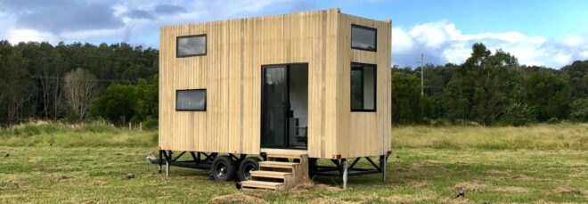 tiny home with blond wood exterior