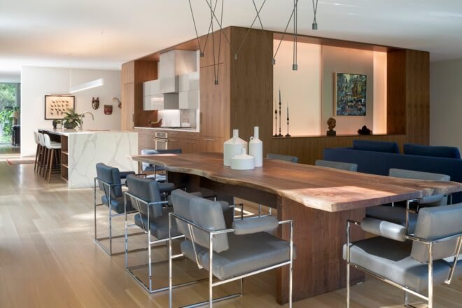 kitchen with wood cabinets and wood dining table