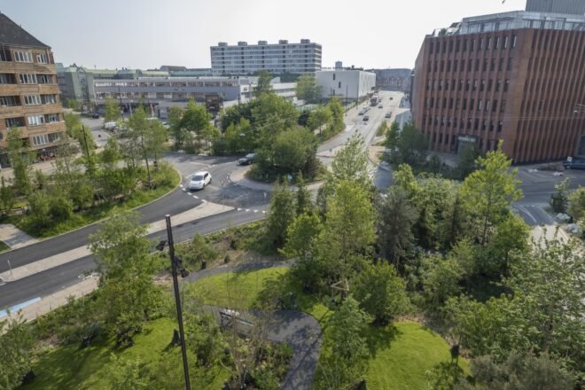 a large green city space surrounded by roads and tall buildings