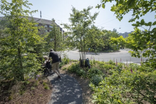 a green space with a curved walkway with a person in a wheelchair being pushed through the path
