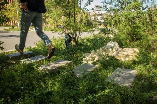 a person walking through a stepping stone walkway through a green space