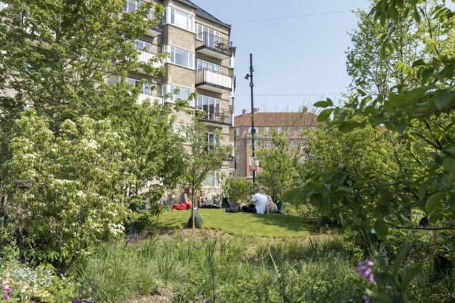a green space with people lounging on the grass and a tall building in the background