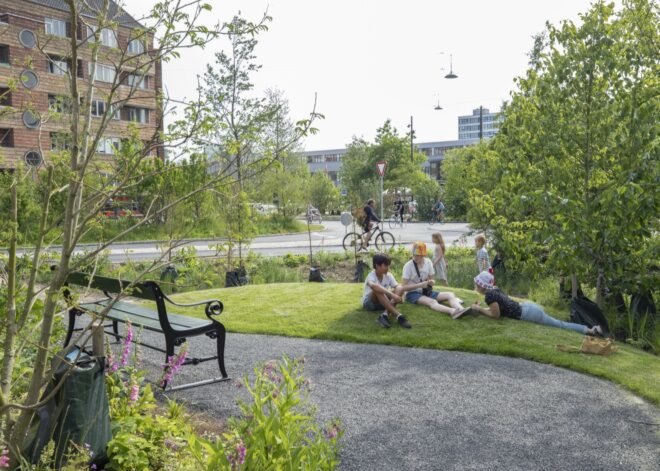a green space with a walkway and bench and people lounging on the grass