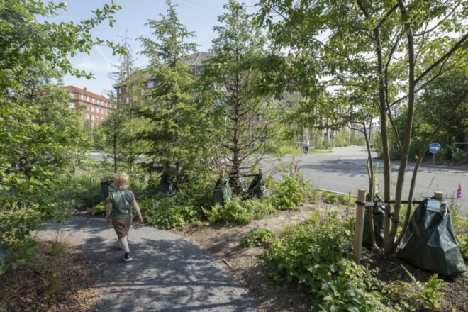 a green space with a curved walkway with a child walking through