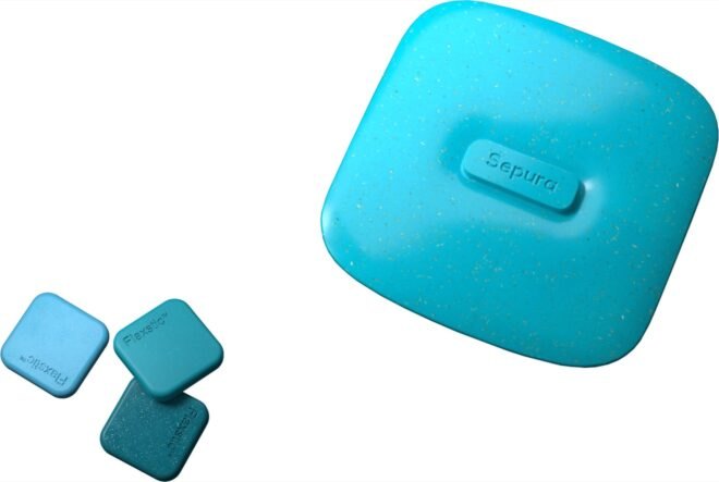 blue compost bin lid and small blue tiles
