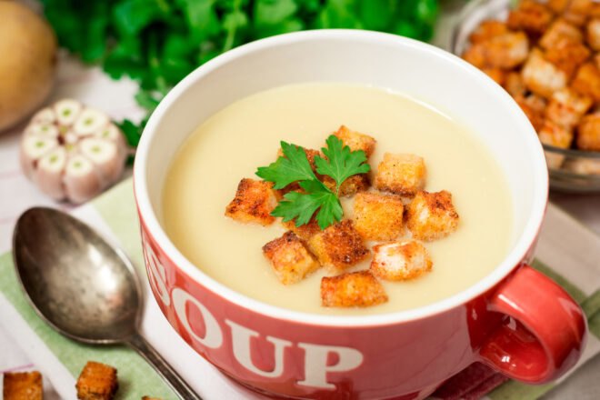vegan potato soup with croutons
