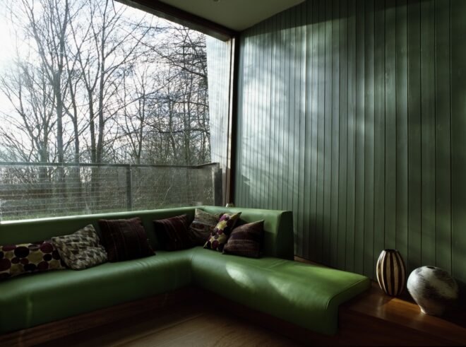 a green room with green walls and a green sofa. to the left is a floor-to-ceiling window that shows trees outside