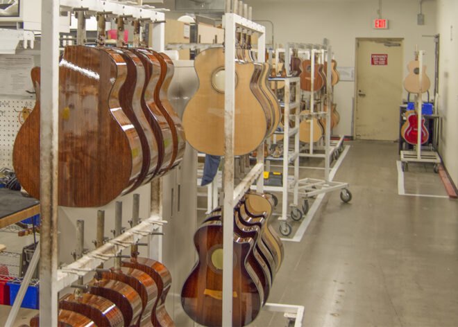 racks of guitars hanging up in a storage room