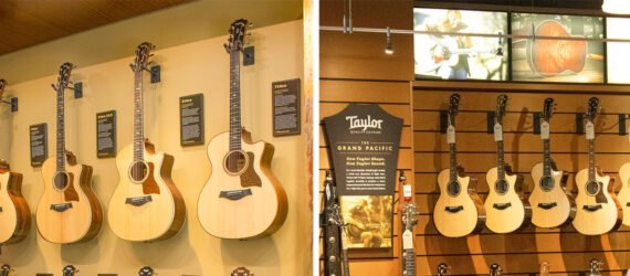 a closeup of rows of guitars displays in a store