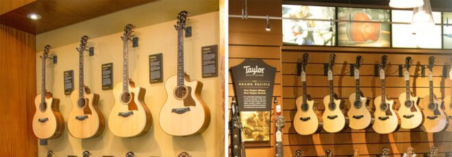 a closeup of rows of guitars displays in a store