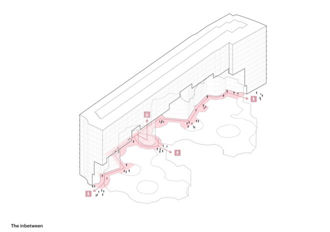 schematic of the building highlighting a walkway in front of the structure