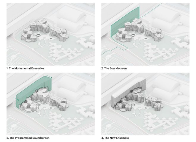 four schematics of the building: 1. The Monumental Ensemble, 2. The Soundscreen, 3. The Programmed Soundscreen and 4. The New Ensemble