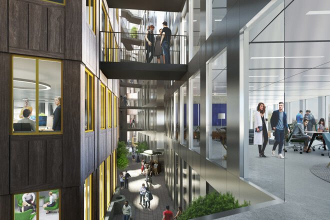 rendering of the interior of an office building, showing seven different levels