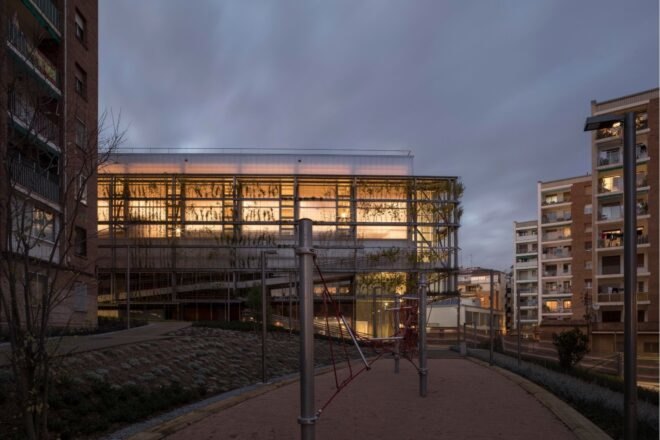 building illuminated by interior light in the evening light