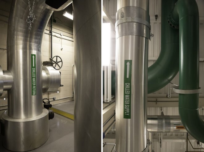 interior of a factory-like area, with metal tubing