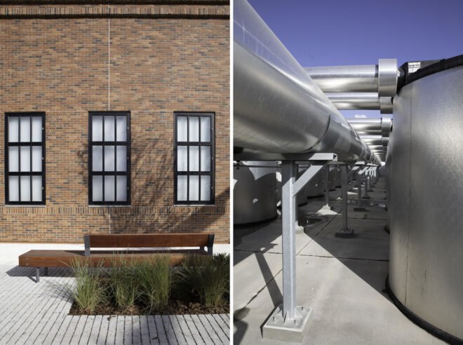 two images. to the left, a brick building with rectasngular windows and plants growing beneath; to the right, metal machinery
