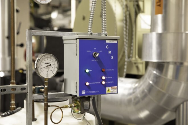 closeup of a blue box in a factory setting
