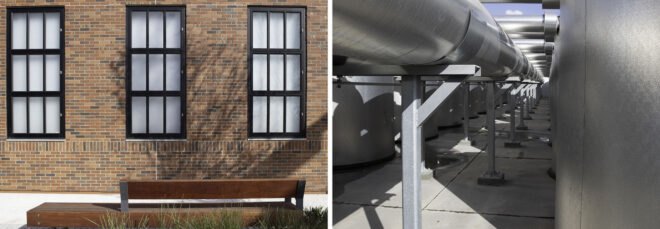two images. to the left, a brick building with rectasngular windows and plants growing beneath; to the right, metal machinery