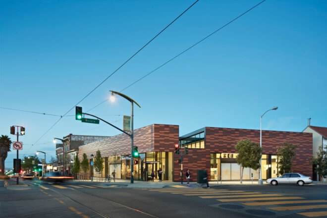 wood-clad library on a street corner