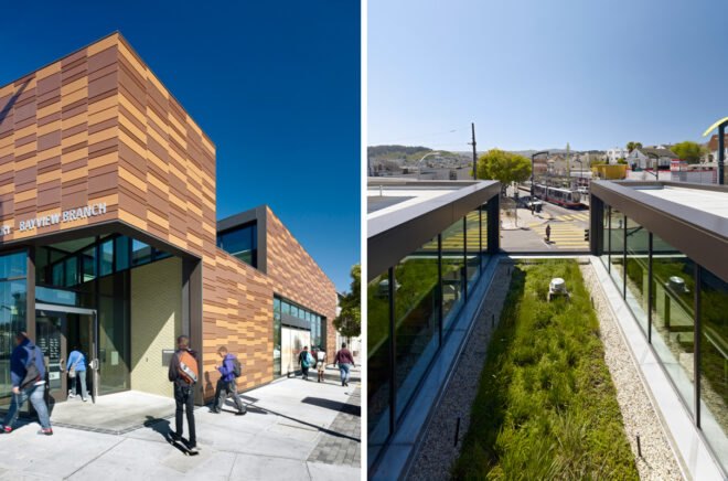 On the left, people walking into a wood library. On the right, green roof on top of a library building.