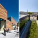 On the left, people walking into a wood library. On the right, green roof on top of a library building.