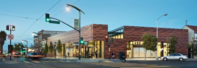 wood-clad library on a street corner